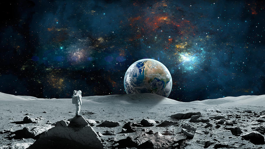 Space background. Astronaut standing on moon surface with earth Digital Art  by Tomas Novy - Pixels