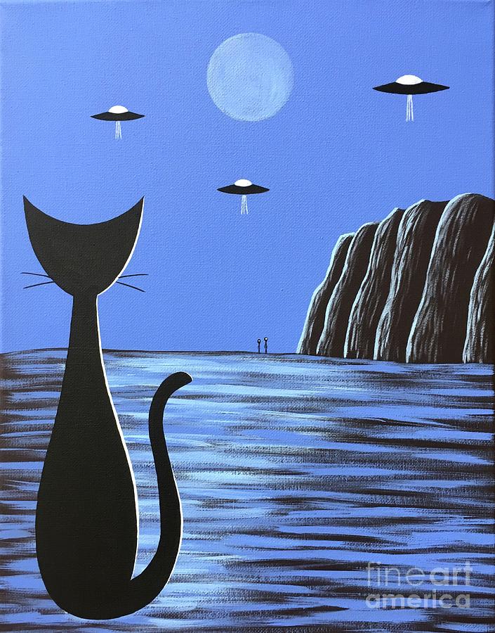 Outer Space Black Cat on Blue Planet Painting by Donna Mibus