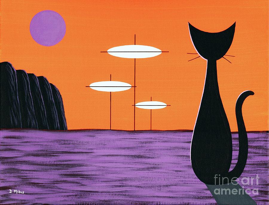 Space Cat in Orange and Purple Painting by Donna Mibus