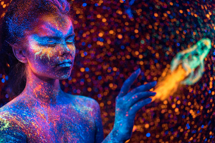 Space Girl with Luminescent Painting on Face and Body Photograph by Mordolff