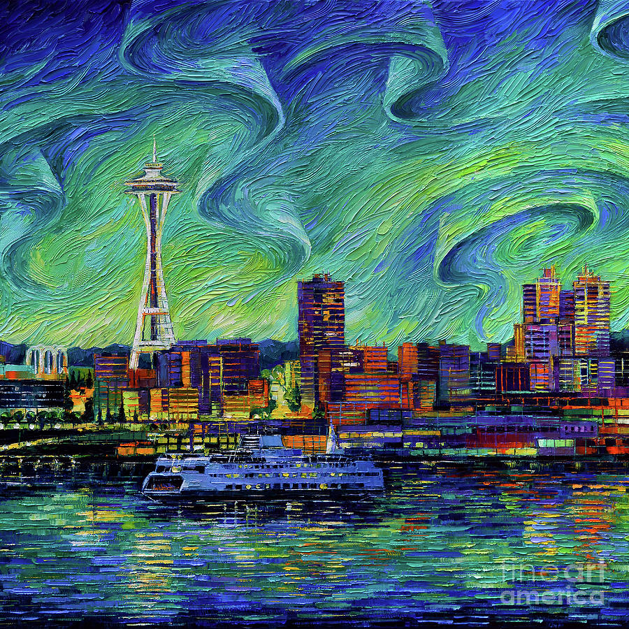 Space Needle Seattle Beneath Northern Lights Sky Painting by Mona Edulesco