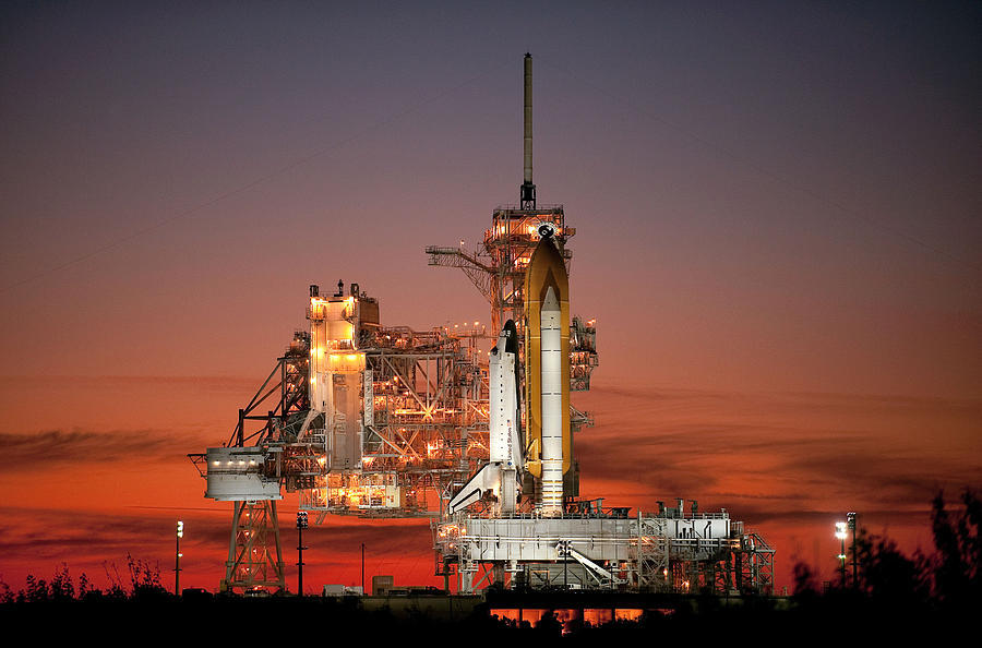 Space Shuttle Atlantis On Launchpad At Night - 2009 Photograph by War Is Hell Store
