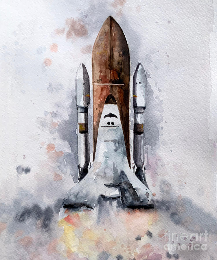 Space Shuttle Launch Watercolor, Space Exploration Digital Art by Amusing DesignCo