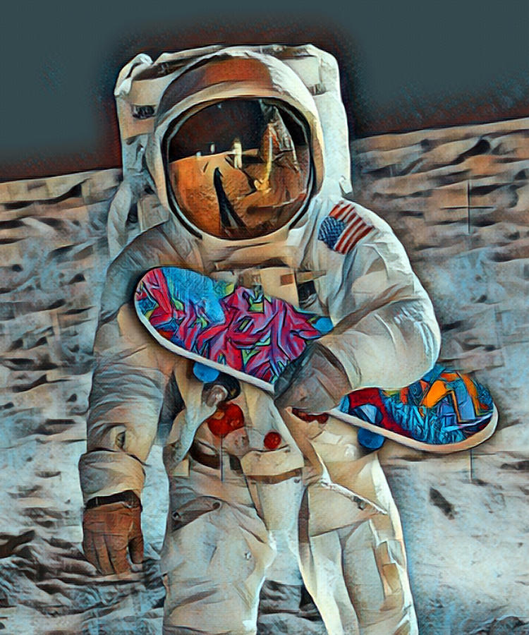 Space Travel Astronaut Universe Moon Skateboard Skating 2 Painting by Tony Rubino
