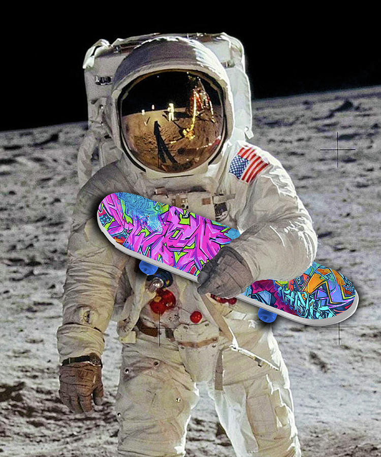Space Travel Astronaut Universe Moon Skateboard Skating Painting by Tony Rubino