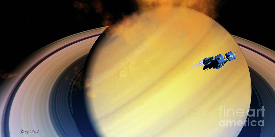 Nature Digital Art - Spaceship orbits Saturn by Corey Ford