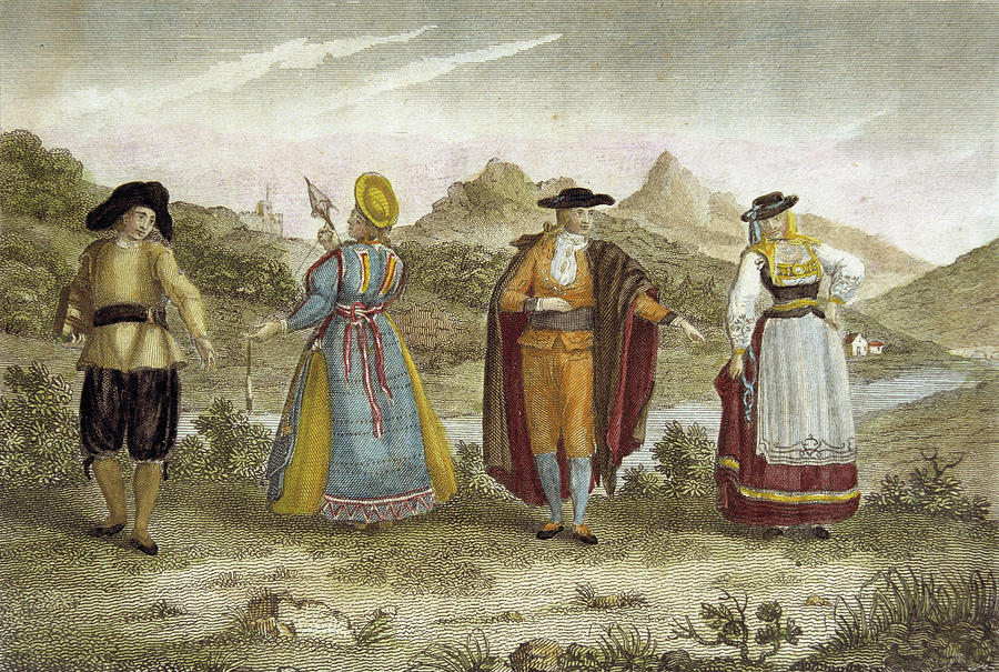 Spain. Folklore. Typical Costumes Of Astorga -left- And Salamanca -right-. Engraving Xix Century. Painting by Album