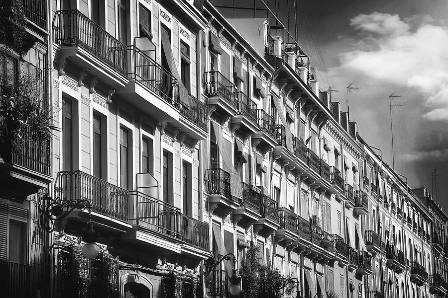 Spanish Balconies Valencia Spain Black And White Photograph