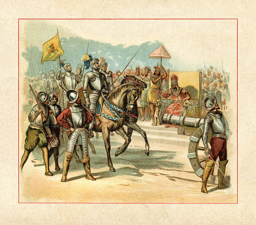 Spanish Conquistador Hernán Cortés entering Tenochtitlan meeting Montezuma II Drawing by Grafissimo