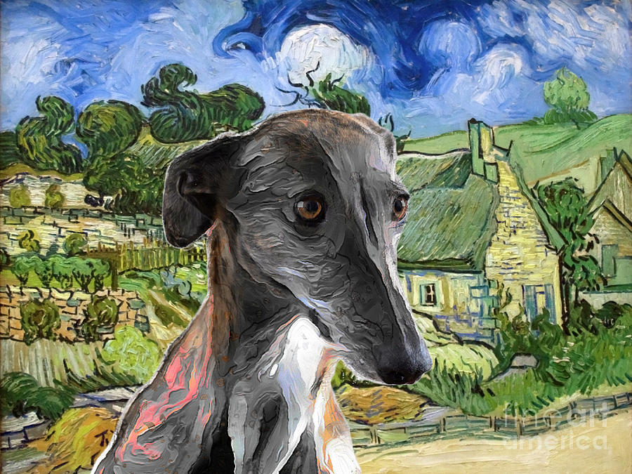 Spanish Galgo Van Gogh Art Thatched Cottages At Cordevill Painting