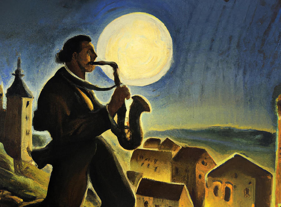 Spanish Saxophone Player in Front of the Full Moon Overlooking Seaside