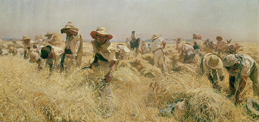 Spanish school. Harvesting in Andalousia . 1895. Madrid, earl of Almodovars collection. Painting by Gonzalo Bilbao -1860-1938-