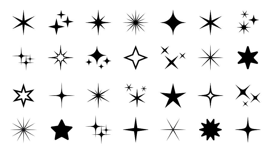 Sparkle Star Icon Set - Vector Stock Illustration. Different forms of stars, constellations, galaxies Drawing by PeterPencil