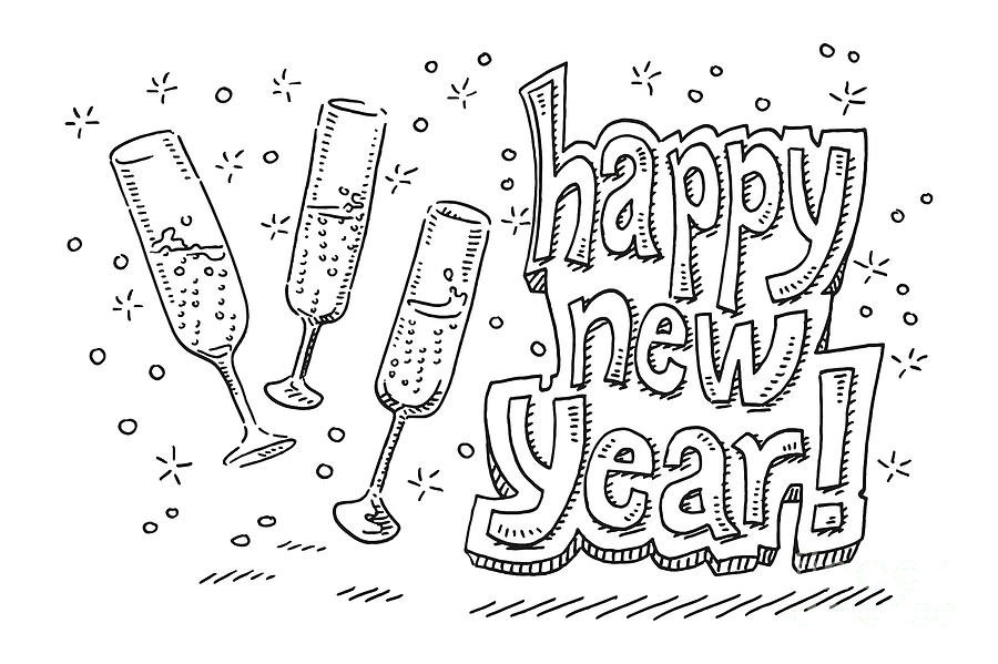 Sparkling Wine Happy New Year Celebration Drawing Drawing by Frank ...