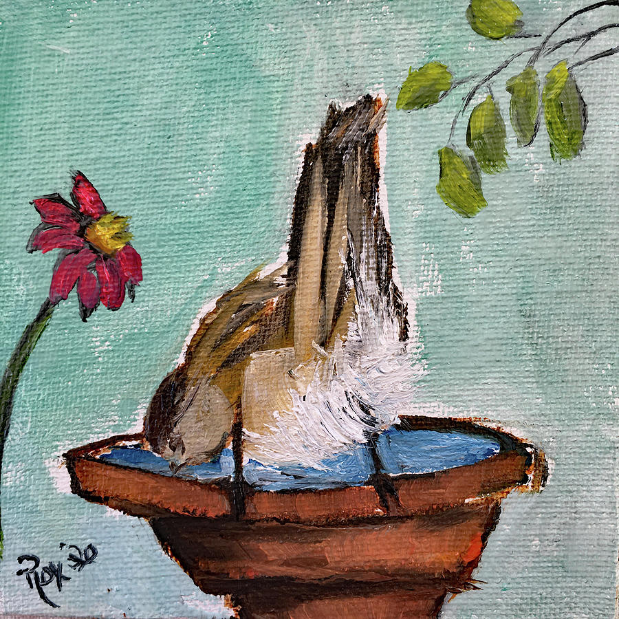 Sparrow on a Birdbath Painting by Roxy Rich