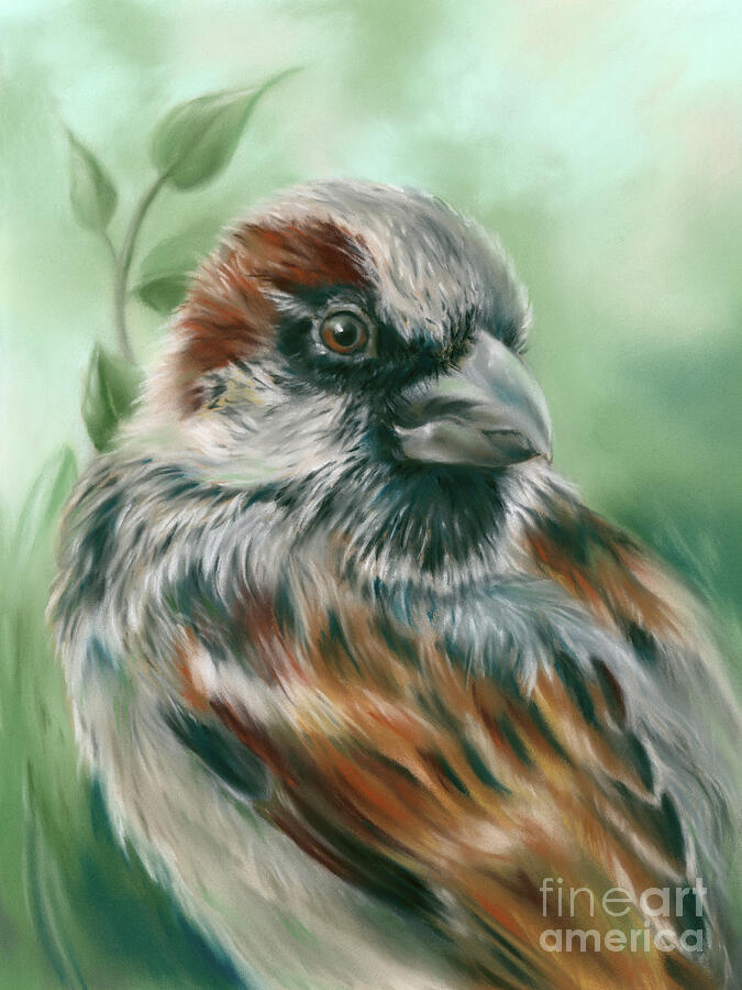 Sparrow Painting - Sparrow with Green Leaves by MM Anderson