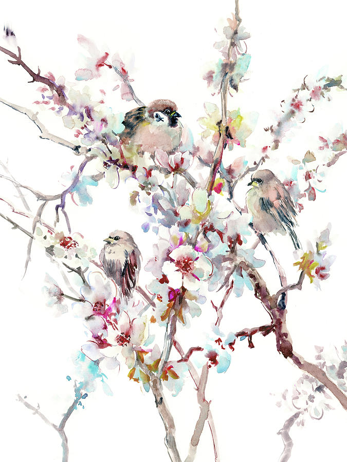 Sparrows And Apricot Blossom Painting by Suren Nersisyan