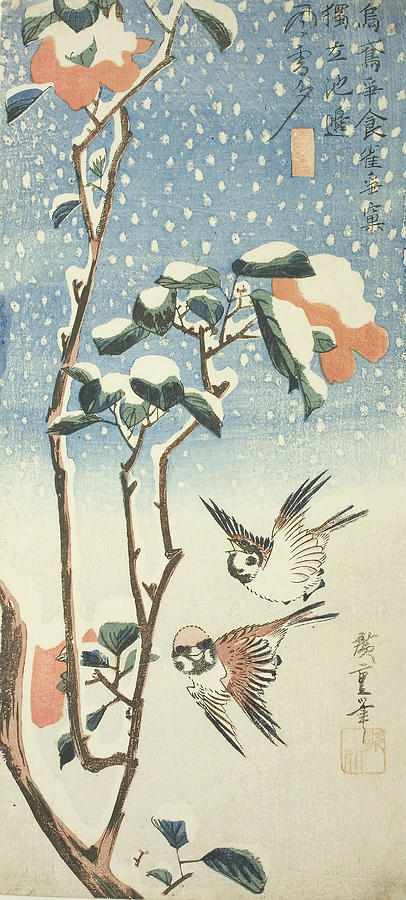 Sparrows and Camellia in Snow. Utagawa Hiroshige ?? ??, Japanese, 1797-1858. Painting by Utagawa Hiroshige