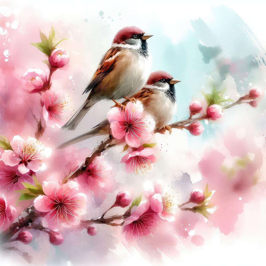 Sparrows in the Blossoms Digital Art by Kim Hojnacki