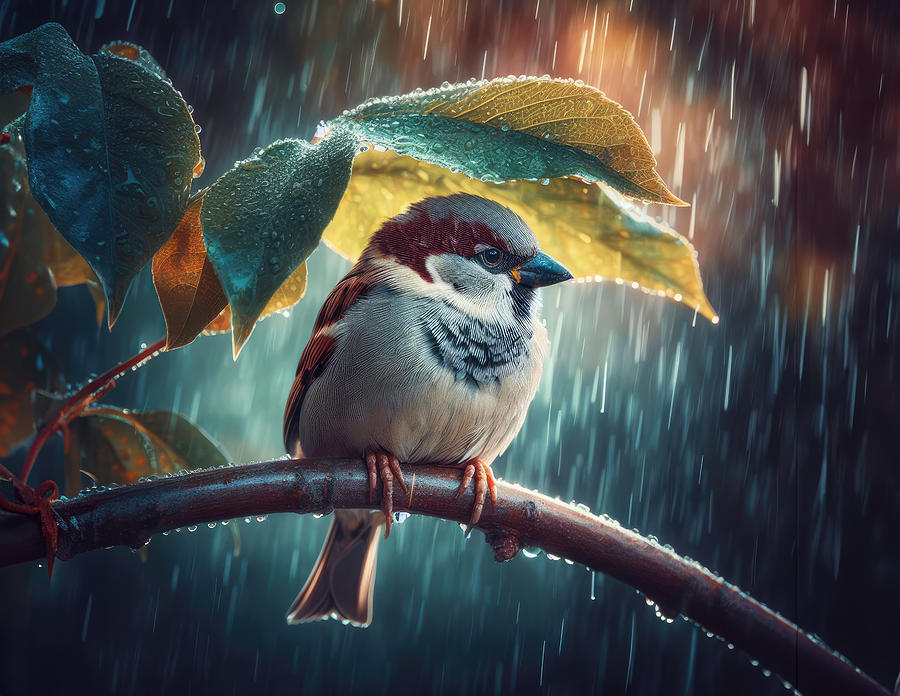 Sparrows Leafy Sanctuary in the Rainy Chill Photograph by Bill and Linda Tiepelman