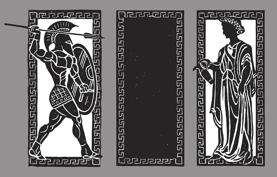 Spartan Warrior and Water Pourer, Greek Background Drawing by KeithBishop