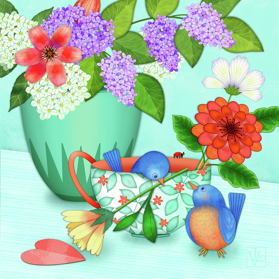 Special Friends Two Birds with Teacup Digital Art by Valerie Drake Lesiak