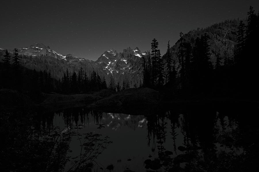Spectacle Lake Lemah Mountain Full Moon Night Black and White Photograph by Chris Pappathopoulos