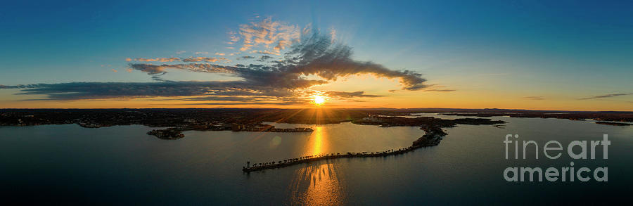 Sunset Photograph - Spectacular aerial panorama sunset view of the Horseshoe Bay Lighthouse peninsula over Lake LBJ by Dan Herron