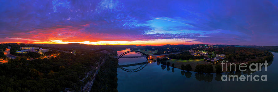 Sunset Photograph - Spectacular Aerial Sunrise Panorama of the 360 Pennybacker Bridge by Dan Herron