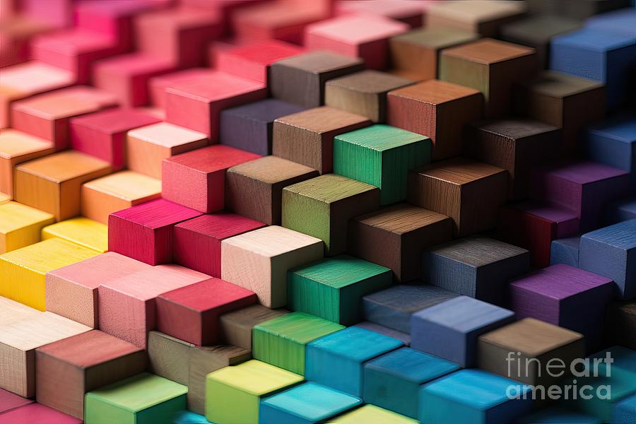 Cube Painting - Spectrum Of Stacked Multi Colored Wooden Blocks Background Or Cover For Something Creative Diverse Expanding Rising Or Growing Shallow Depth Of Field by N Akkash
