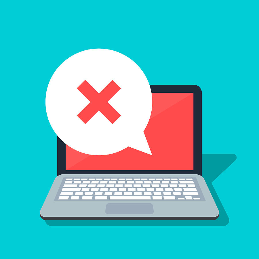 Speech bubble with cross on the laptop background. Error or rejection icon. Negative answer. Flat vector illustration isolated on color background. Drawing by Shendart