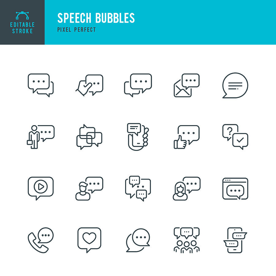 Speech Bubbles - line vector icon set. Pixel perfect. Editable stroke. The set includes a Speech Bubble, Online Messaging, Bubble, Message, Discussion, Communication, Speech, Community. Drawing by Fonikum Speech Bubbles - line vector icon set. Pixel perfect. Editable stroke. The set includes a Speech Bubble, Online Messaging, Bubble, Message, Discussion, Communication, Speech, Community. Drawing by Fonikum