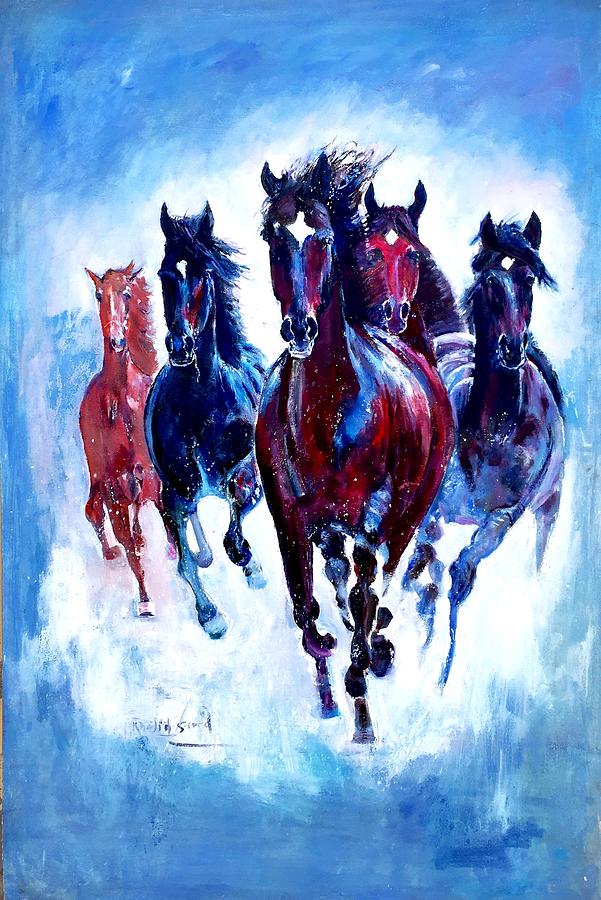 Horse Painting - Speedy stallions by Khalid Saeed