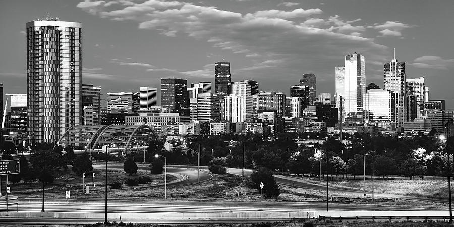 Black And White Photograph - Speer Boulevard Bridge and Denver Colorado Skyline Panorama in Black and White by Gregory Ballos