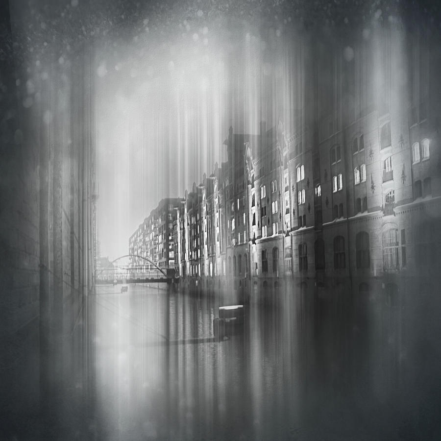 City Photograph - Speicherstadt Hamburg by Night Abstract Square Black and White  by Carol Japp