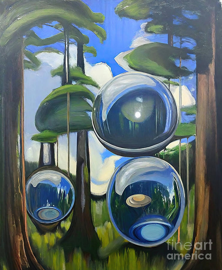Abstract Painting - Spheres Over Palm beach Painting reflective spheres blue unknown by N Akkash