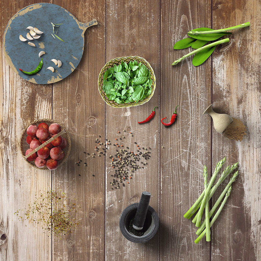 Spices Herbs Vegetable On Wood by Johanna Hurmerinta Spices Herbs Vegetable On Wood by Johanna Hurmerinta