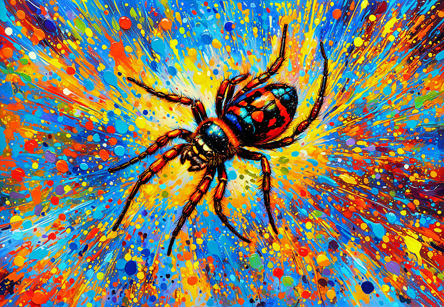 Spider in the center of a colorful painterly background in blue, yellow and red Digital Art by Nicko Prints Spider in the center of a colorful painterly background in blue, yellow and red Digital Art by Nicko Prints