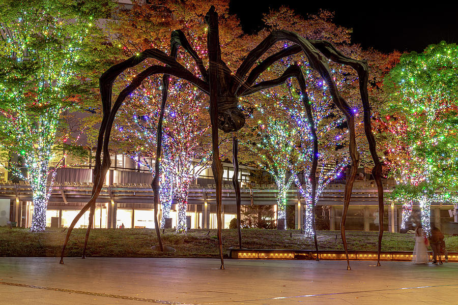 spider sculpture in the Roppongi area with Christmas lights Photograph by Gualtiero Boffi