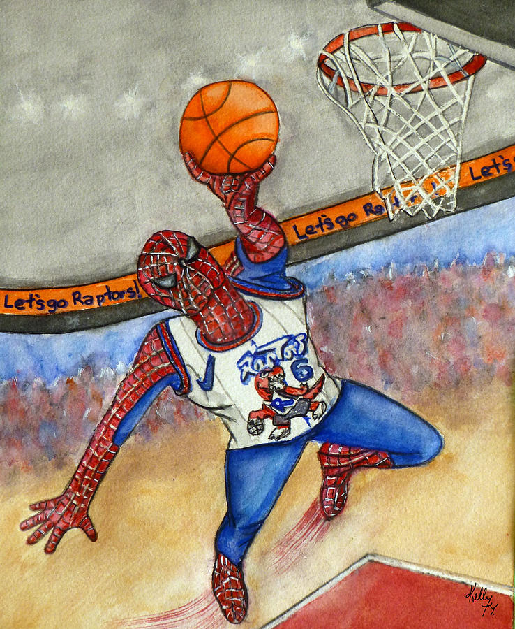 Spiderman joins the Raptors Basketball Painting by Kelly Mills
