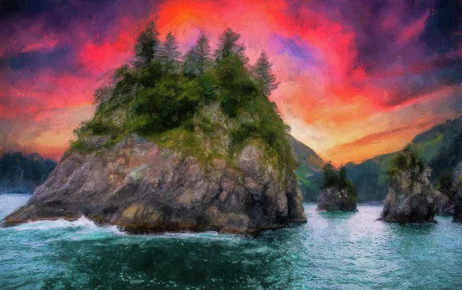 Spire Cove Alaska Sunset Serenade Painting by Dan Sproul