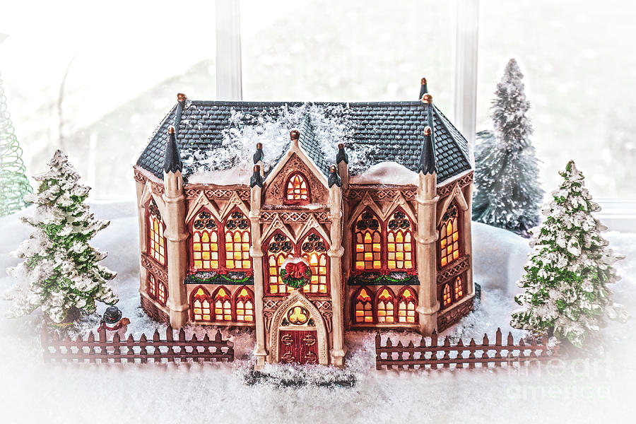 Spired Building in Snowy Christmas Village Photograph by Susan Vineyard