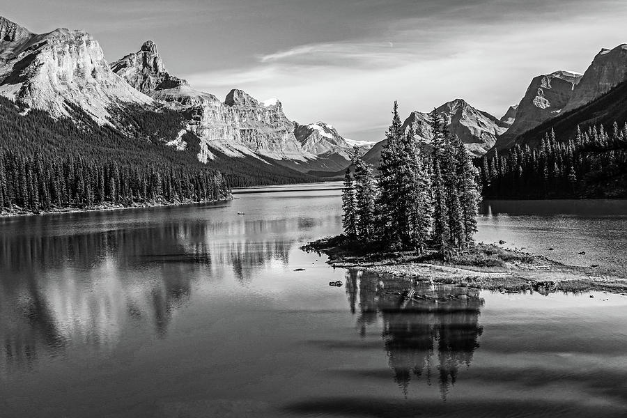 Spirit Island Maligne Lake Jasper National Park Alberta Canada Reflection Black and White Photograph by Toby McGuire