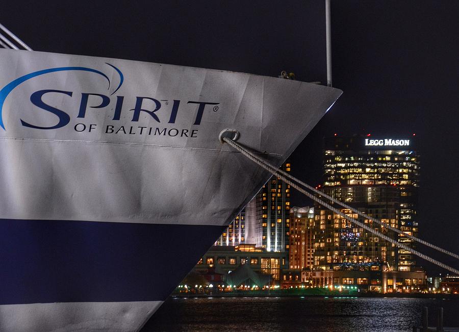 Spirit of Baltimore cruise ship at the Baltimore Inner Harbor at night Photograph by Marianna Mills