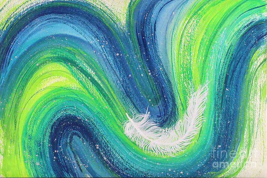 Spiritual white feather abstract on colourful waves Photograph by Simon Bratt
