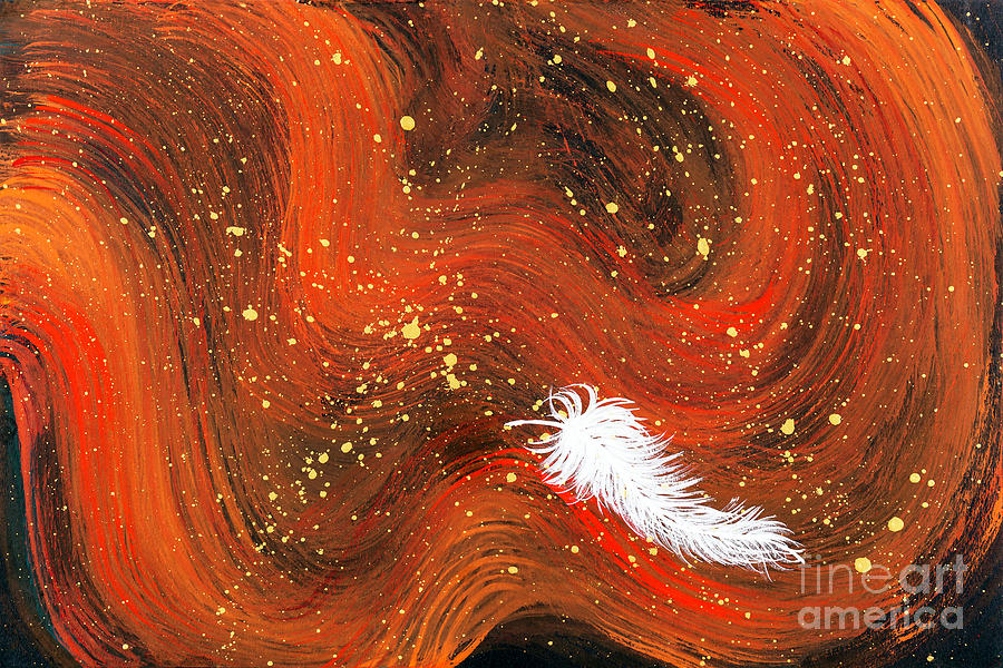Spiritual white feather and orange magical swirls Painting by Simon Bratt