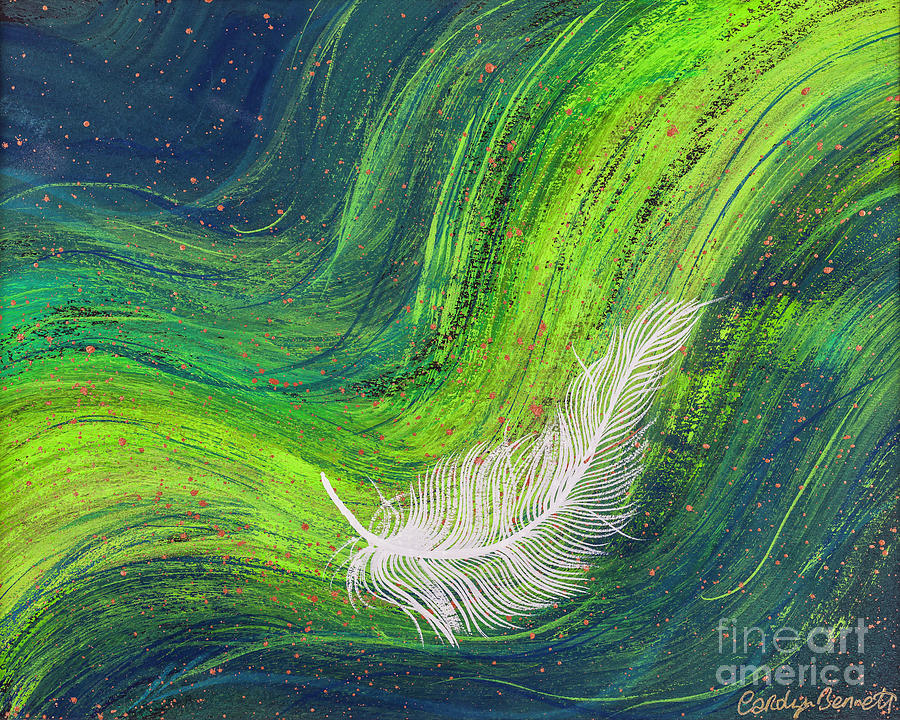 Spiritual white feather on waves of green Painting by Simon Bratt