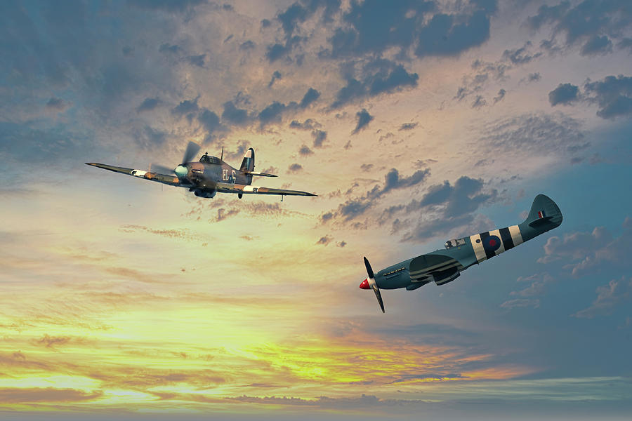 Spitfire And Hurricane Sunset Mixed Media