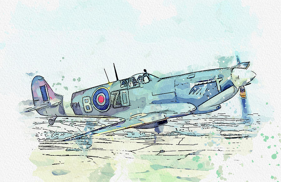 Spitfire Ixb Mh In Watercolor Ca  By Ahmet Asar Painting
