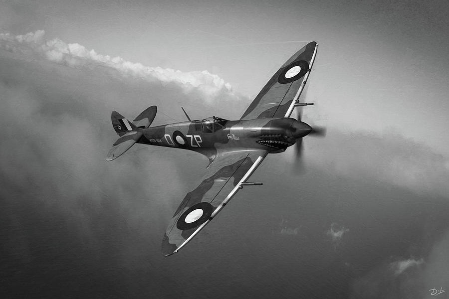 Spitfire Over Sea - Monochrome Digital Art by Mark Donoghue